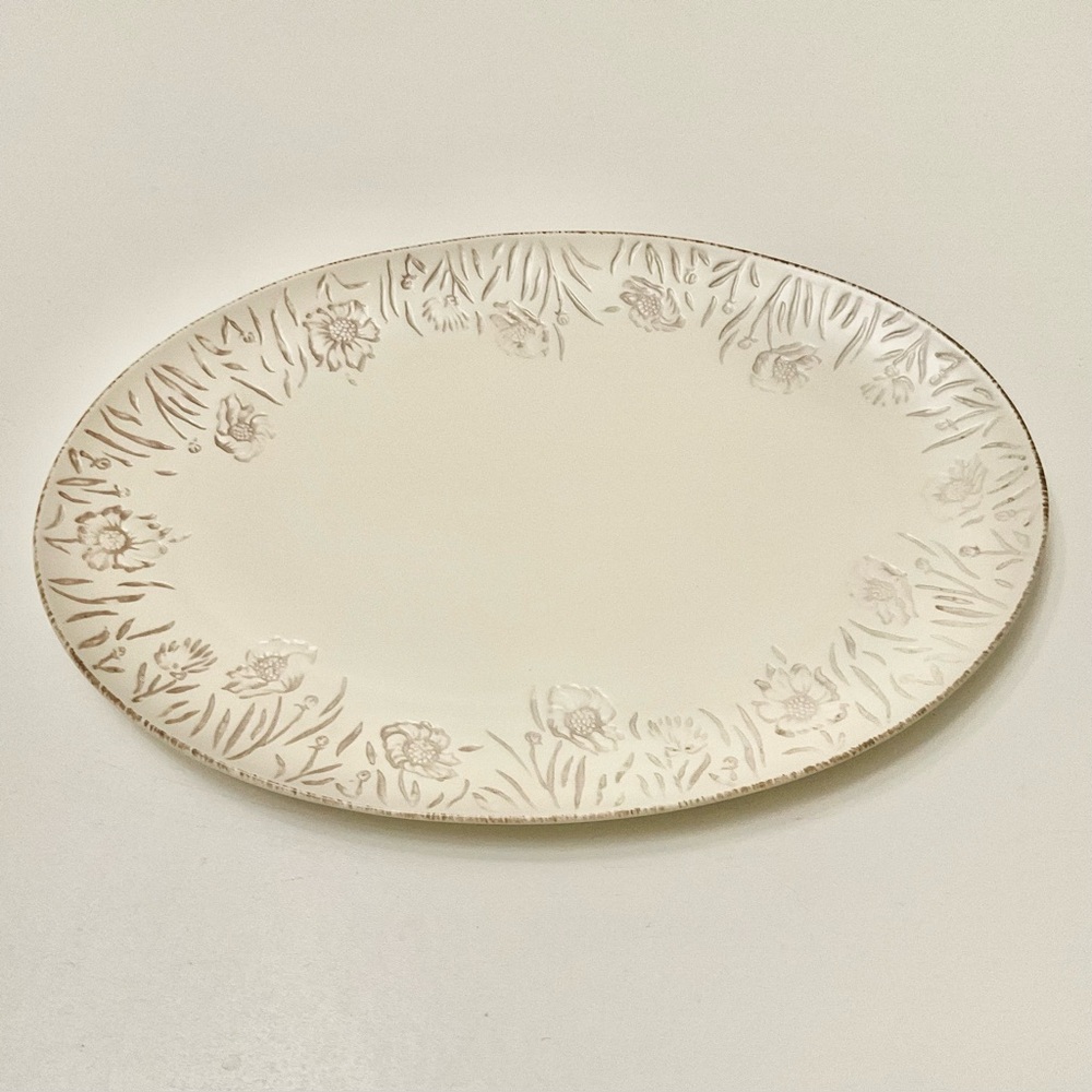 Threshold Stoneware Serving Platter Floral Neutral Oval Raised Rim Easter New